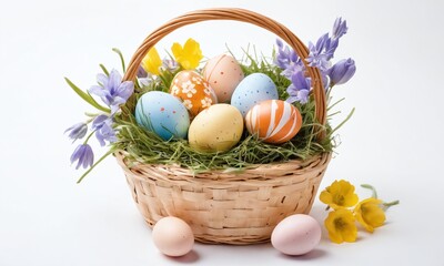 Colorful Easter eggs in a woven basket with spring flowers on a white background