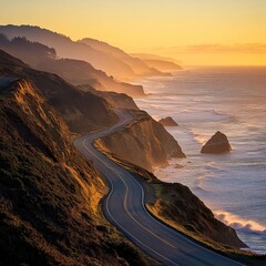 Fototapeta premium An enchanting capture of a coastal road at dusk like never seen before.