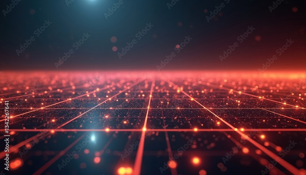 Aufkleber Futuristic backdrop featuring high-resolution digital red grid extending into dark horizon. Versatile tech overlay, perfect for AI themed projects, innovation, digital data, science, modern