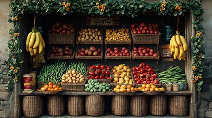 Creative farmers market stall with vibrant green beans fresh potatoes ripe bananas radiant red apples and neatly arranged woven baskets