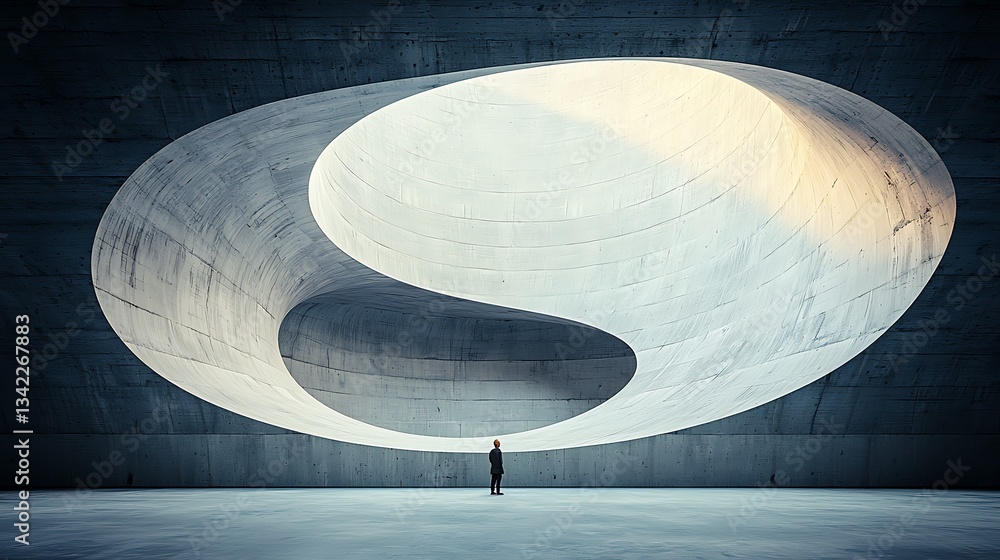 Poster Abstract concrete architectural space with a large, oval skylight. A figure stands in the center