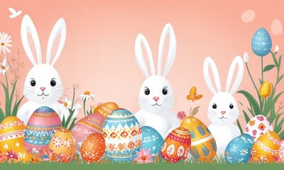 Obraz premium Easter celebration with cute bunnies and colorful decorated eggs in a cheerful spring setting