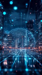 Fototapeta premium Futuristic cityscape with glowing lines and digital elements, evoking a tech-inspired atmosphere.