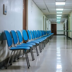 Blue Waiting Chairs in a Clinical Hallway with Bright Lighting