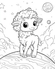 Cute cartoon sheep on planet in space, coloring page, kids activity