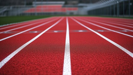 Red running track lanes extending to a stadium