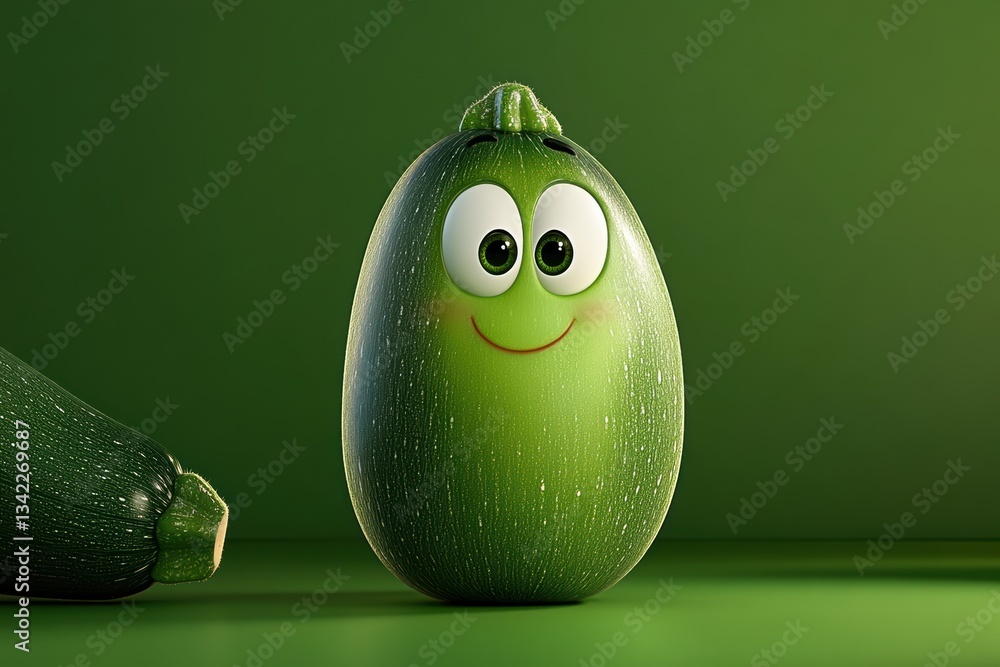 Poster cheerful zucchini character brightens up a green background in a playful way generative ai