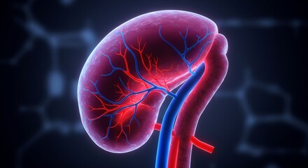 3D Medical Illustration of a Human Kidney with Detailed Renal Artery and Vein Anatomy, Highlighting Blood Vessels and Vascular System