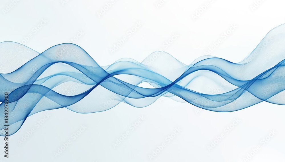 Poster Minimal wavy lines abstract background in blue, white. Corporate design features linear stripes with geometric texture creating futuristic modern feel. Tech theme evokes digital technology, science