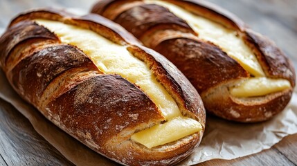 A freshly baked bread loaf stuffed with cheese perfectly arranged on a wooden surface with copy space for text