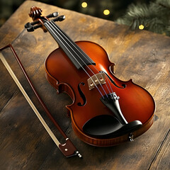 Fototapeta premium Elegantly Crafted Violin Resting on Wooden Table Evokes Nostalgia and Musical Mastery