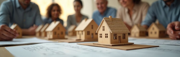 Diverse community members discuss affordable housing program benefits. Wooden house models on table represent real estate project. Blueprints displayed during meeting. Council negotiate social