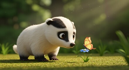 Curious Badger Observing Butterfly on a Flower in a Sunny Meadow Scene