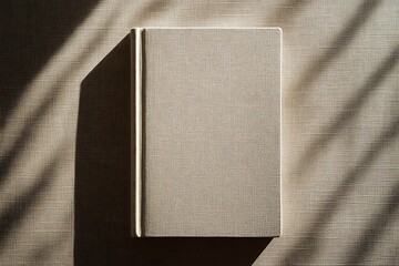 A beige book cover mockup on a fabric surface with sunlight and shadows