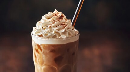 Refreshing Iced Coffee with Whipped Cream and Cinnamon Sprinkle in a Glass Cup