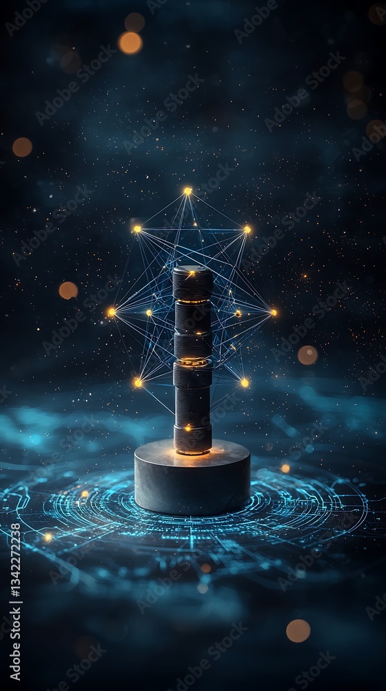 Poster abstract digital structure, glowing interconnected nodes