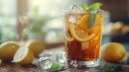 Fototapeta premium Refreshing Iced Tea with Lemon and Mint Chilled Beverage Summer Drink Cold Brewed Tea Ice C