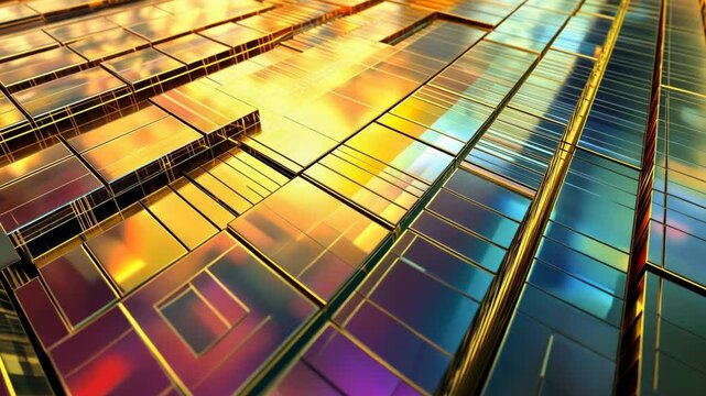 Abstract Golden Geometric Structure:  A Digital Artwork of Interlocking Cubes with Vivid Hues and Reflections