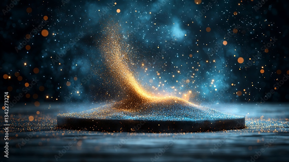 Poster abstract display with swirling golden particles on dark platform