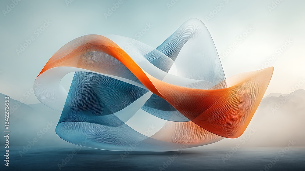 Poster Abstract dynamic flowing forms in soft color palette, against a serene landscape
