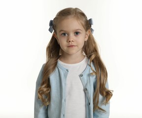 Cute little girl with beautiful hair accessory on white background