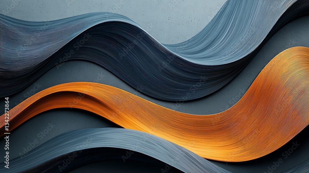 Poster abstract, dynamic curves in dark blues and golds