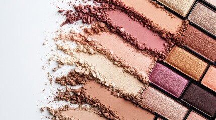 Eyeshadow palette swatches spilled on white background; beauty blog, makeup tutorial