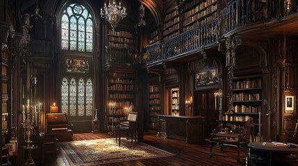 Obraz premium Gothic Revival Library: a dramatic library with dark wood bookshelves, stained glass windows, ornate chandeliers, and antique furniture reminiscent of Gothic architecture