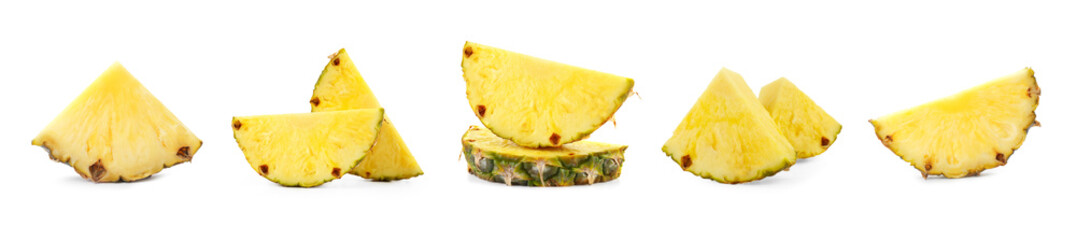 Fresh pineapple pieces isolated on white, set