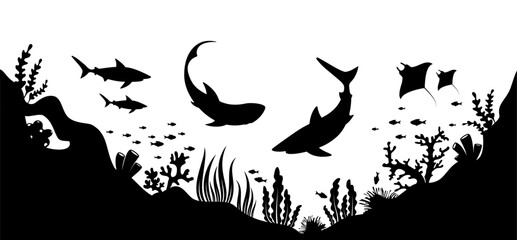 Underwater seascape. Sea fish, sharks, corals and algae. Ocean life, marine nature, flora and fauna. Black silhouette on white background. Isolated Vector