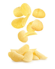 Tasty potato chips falling on white background