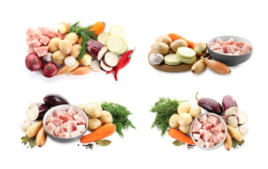 Stew ingredients. Raw meat, fresh vegetables and spices isolated on white, set
