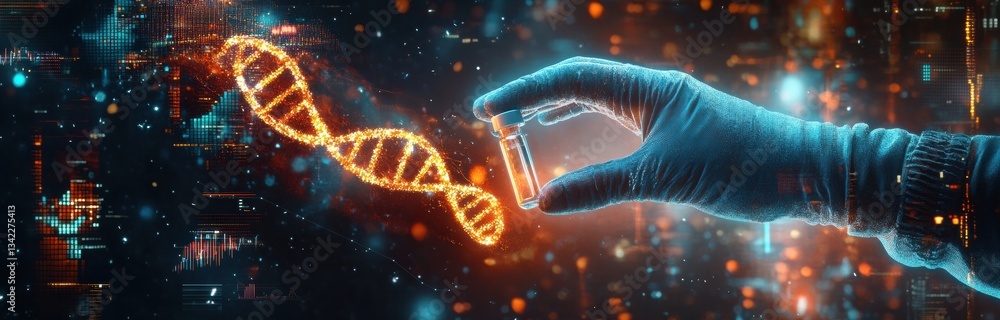 Poster scientist holding vial with dna double helix hologram in futuristic laboratory