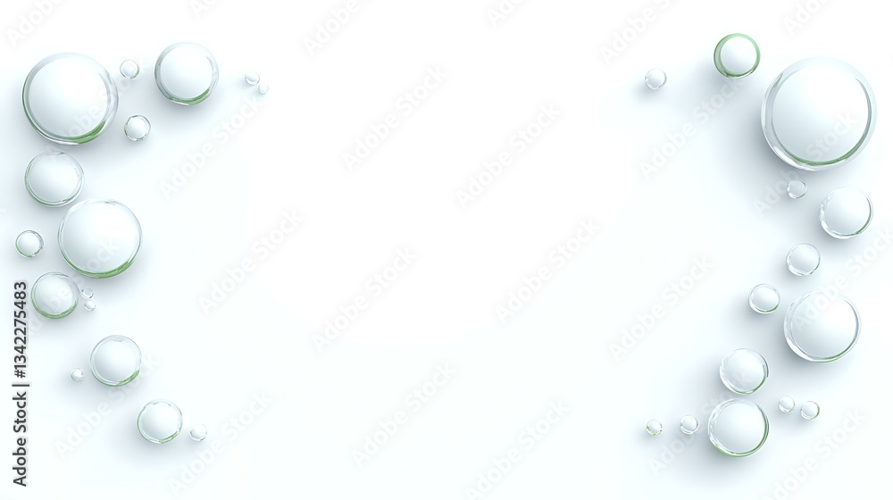 Poster white spherical bubbles floating on clean white background create minimalist border composition, iso