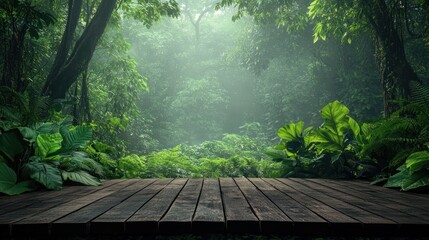 Jungle mist, wood deck, nature scene