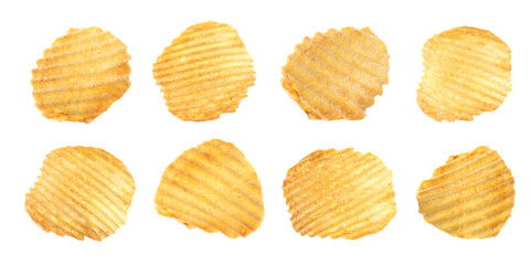 Tasty ridged potato chips on white background, collage