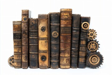 Naklejka premium A row of weathered, leather-bound antique books is juxtaposed with steampunk-style gears against a clean white background.