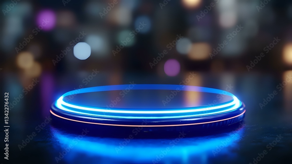 Poster glowing blue neon circle platform with light reflection on dark background with bokeh lights, futuri