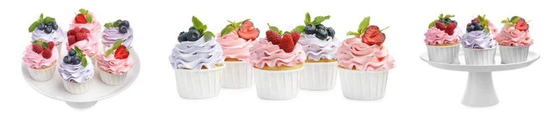 Tasty cupcakes with cream and berries isolated on white, set