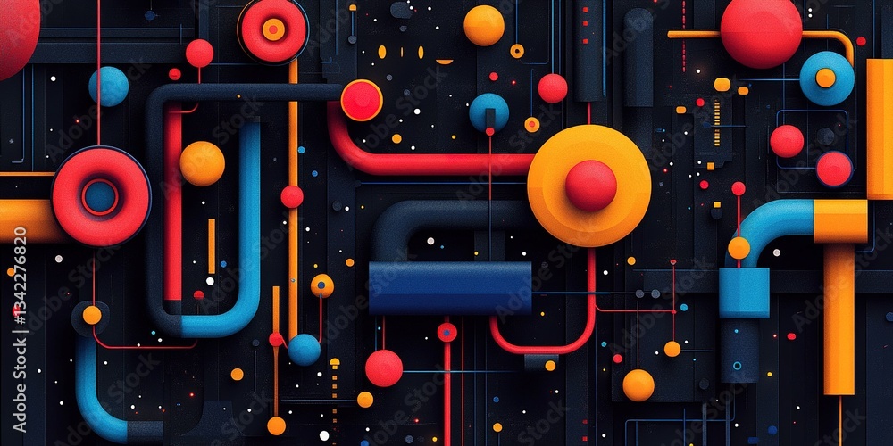 Poster bold geometric patterns in vibrant colors create dynamic visual interest on a dark background
