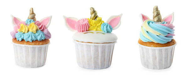 Tasty unicorn cupcakes isolated on white, set