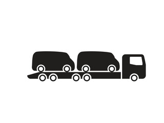 Black and white vector icon of a car transporter truck carrying two minibuses. Simple silhouette design representing vehicle logistics, road transport, delivery, and freight services