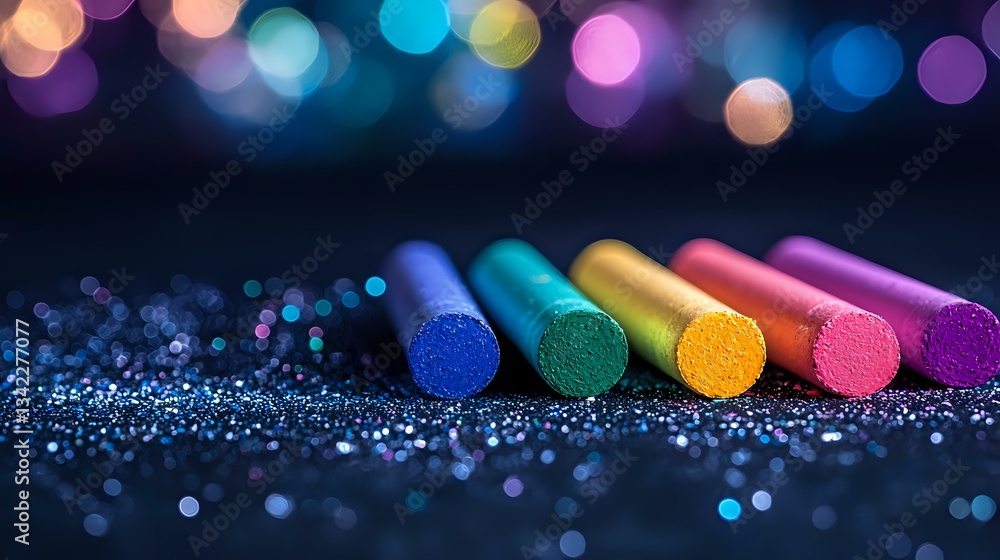 Poster colorful chalk pastels arranged in row on dark background with glitter and bokeh lights creating mag