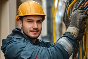 Man in hard hat and work gloves inspects colorful wires. Good image for skilled trades, electricians, or safety promotions.