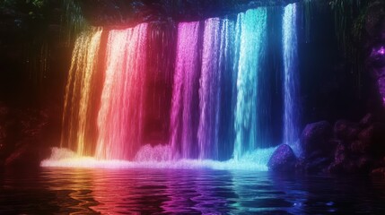 Rainbow waterfall cave, night, vibrant, magical, water, reflection, fantasy, backdrop