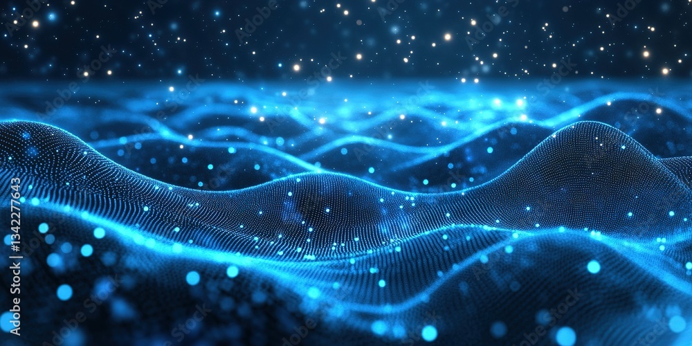 Fototapete Digital waves illuminated by shimmering particles create a mesmerizing visual representation of data flow in a virtual environment