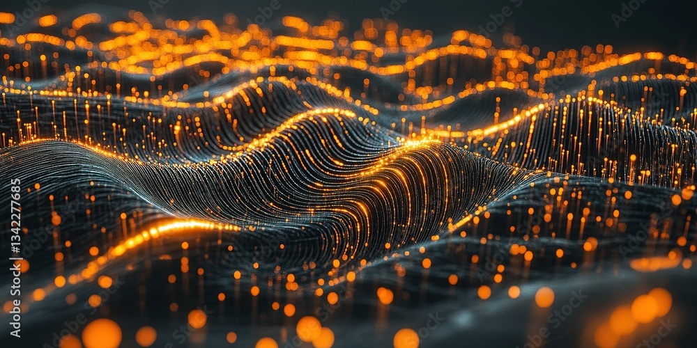 Poster digital wave patterns showcasing vibrant orange lights in a dark background with a flowing texture