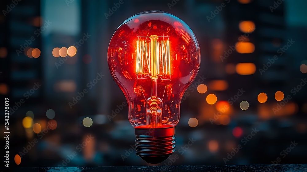 Poster glowing red light bulb with vintage filament against blurred city bokeh background at night, creatin