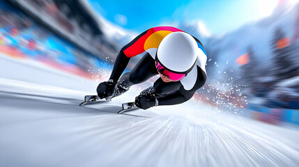Speed Skater Racing at High Velocity, Sharp Turn on Icy Track