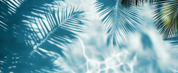 A pool with palm trees casting shadows on the water